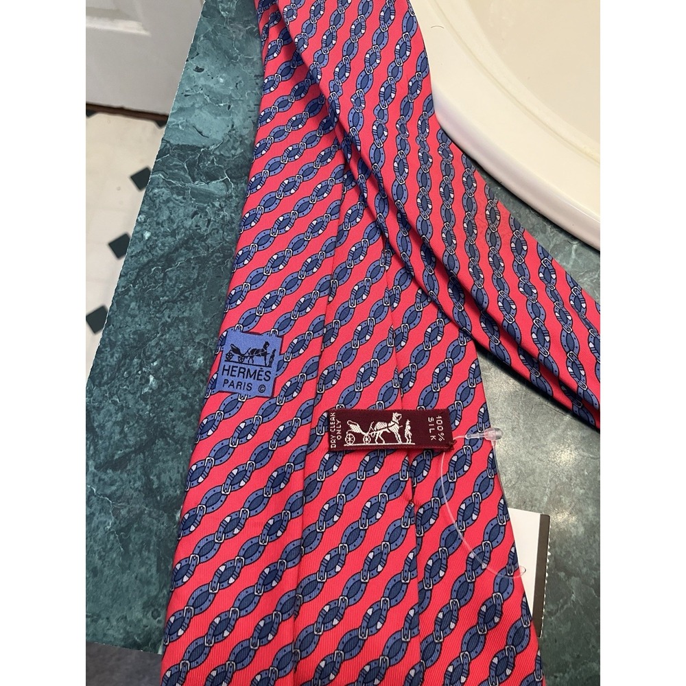 Hermès Men's Tie Red Blue Silver Interlocking Belts Pattern 100% Silk 7021 TA